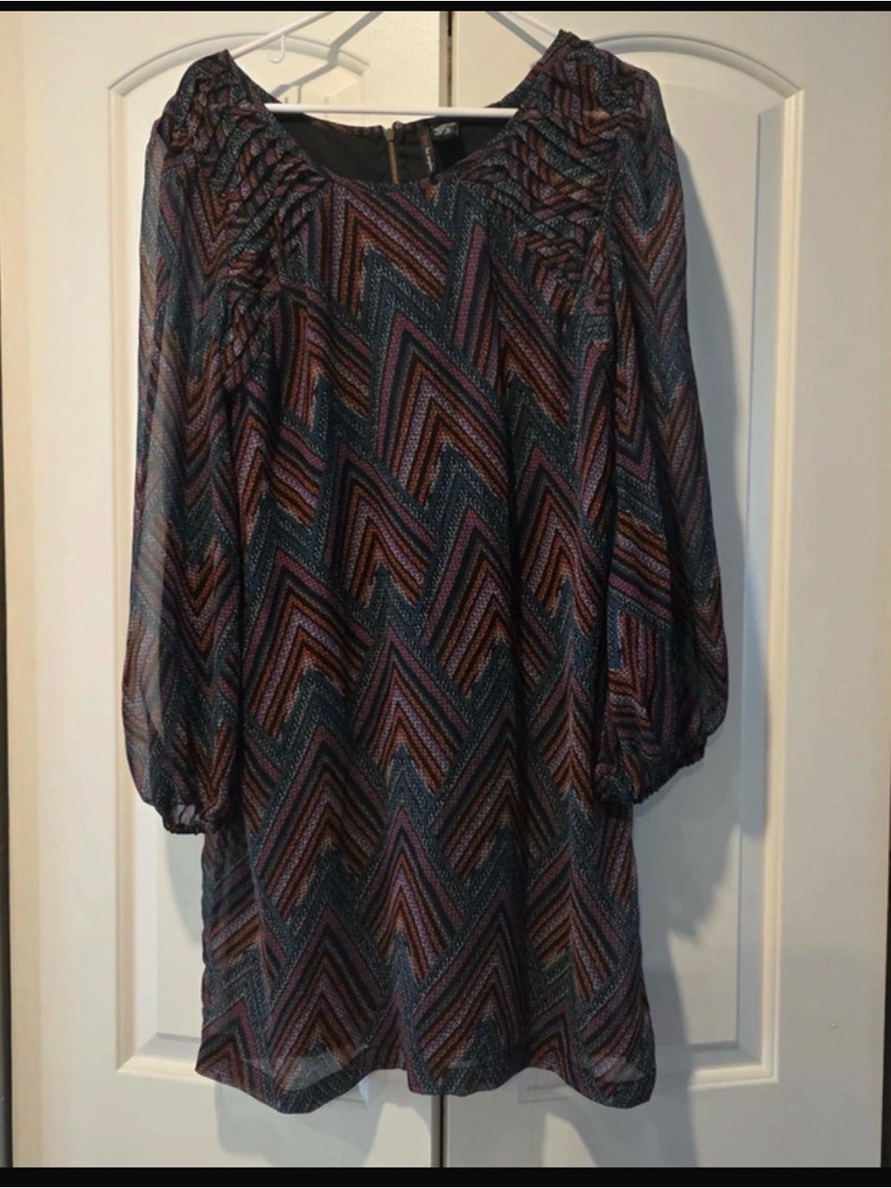 Womens Chevron Print Long Sleeve Tunic Dress - Blue/Multi